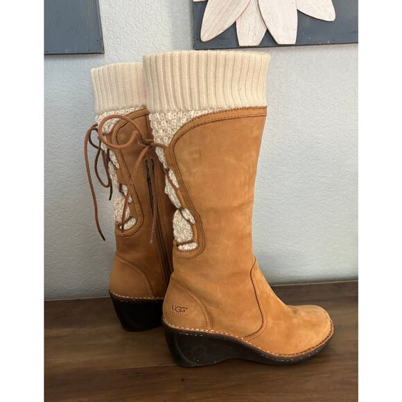 UGG Women's Skylair Wedge Boots Tan Leather Zip Lace Up Knit Sweater Size 6 - Picture 2 of 7